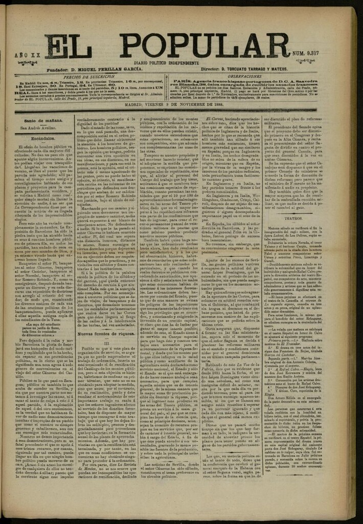 Miniatura de El Popular: diario independiente, político, literario y de noticias de interés general del 9 de noviembre de 1888, nº 9317