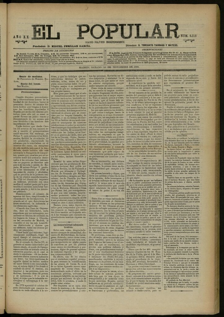 Miniatura de El Popular: diario independiente, político, literario y de noticias de interés general del 10 de noviembre de 1888, nº 9318