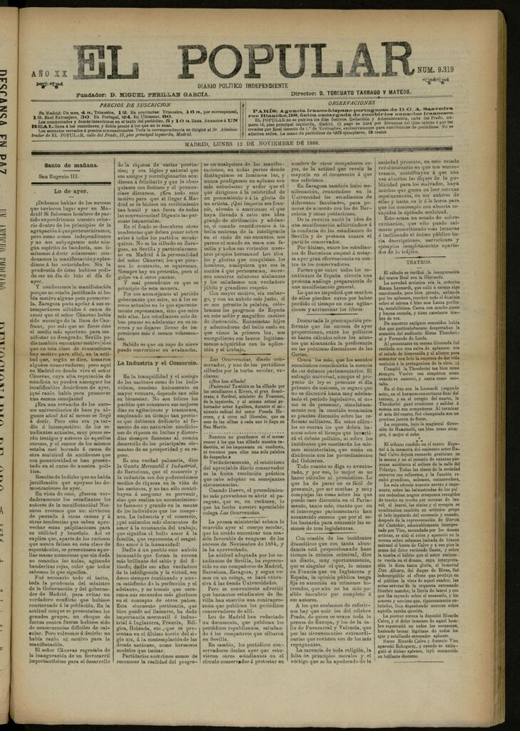 Miniatura de El Popular: diario independiente, político, literario y de noticias de interés general del 12 de noviembre de 1888, nº 9319
