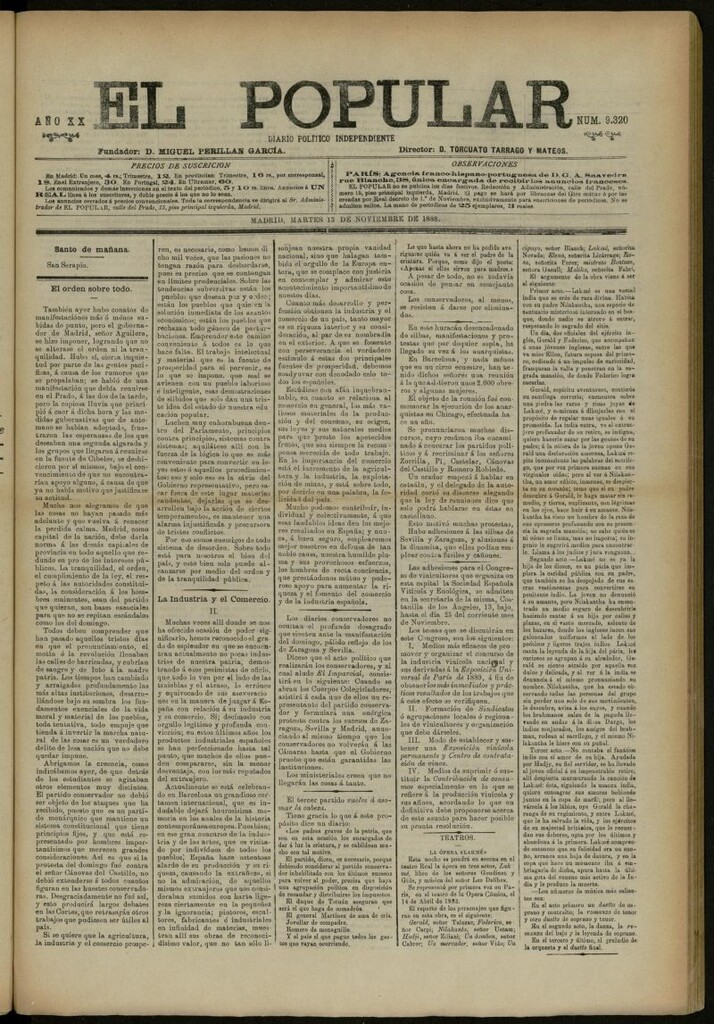 Miniatura de El Popular: diario independiente, político, literario y de noticias de interés general del 13 de noviembre de 1888, nº 9320