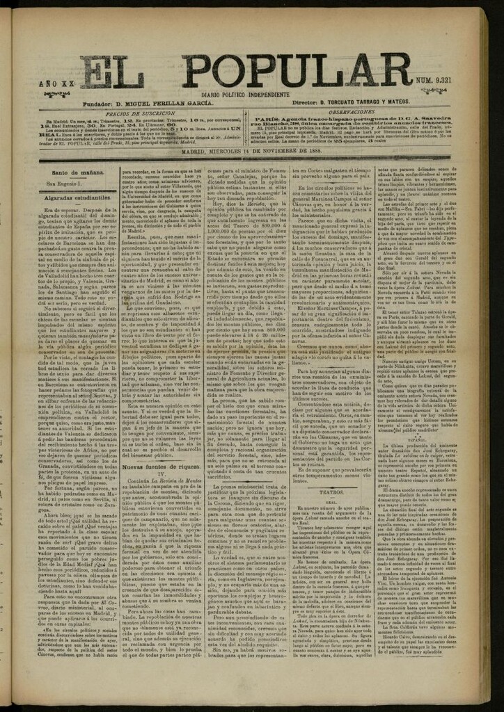 Miniatura de El Popular: diario independiente, político, literario y de noticias de interés general del 14 de noviembre de 1888, nº 9321