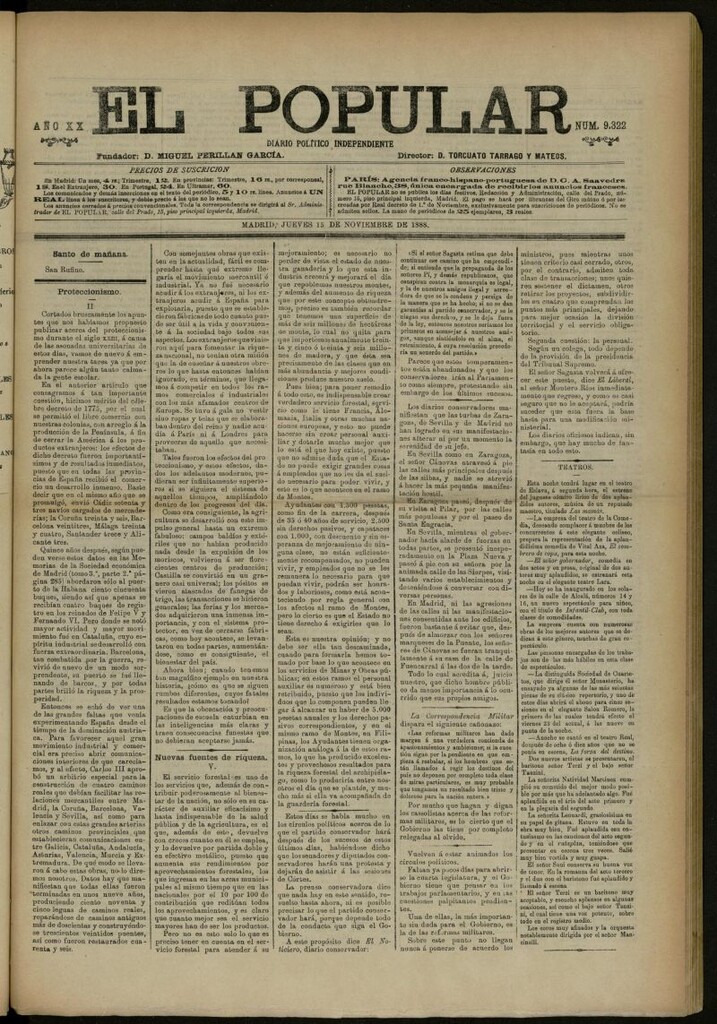 Miniatura de El Popular: diario independiente, político, literario y de noticias de interés general del 15 de noviembre de 1888, nº 9322