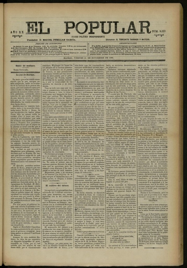 Miniatura de El Popular: diario independiente, político, literario y de noticias de interés general del 16 de noviembre de 1888, nº 9323