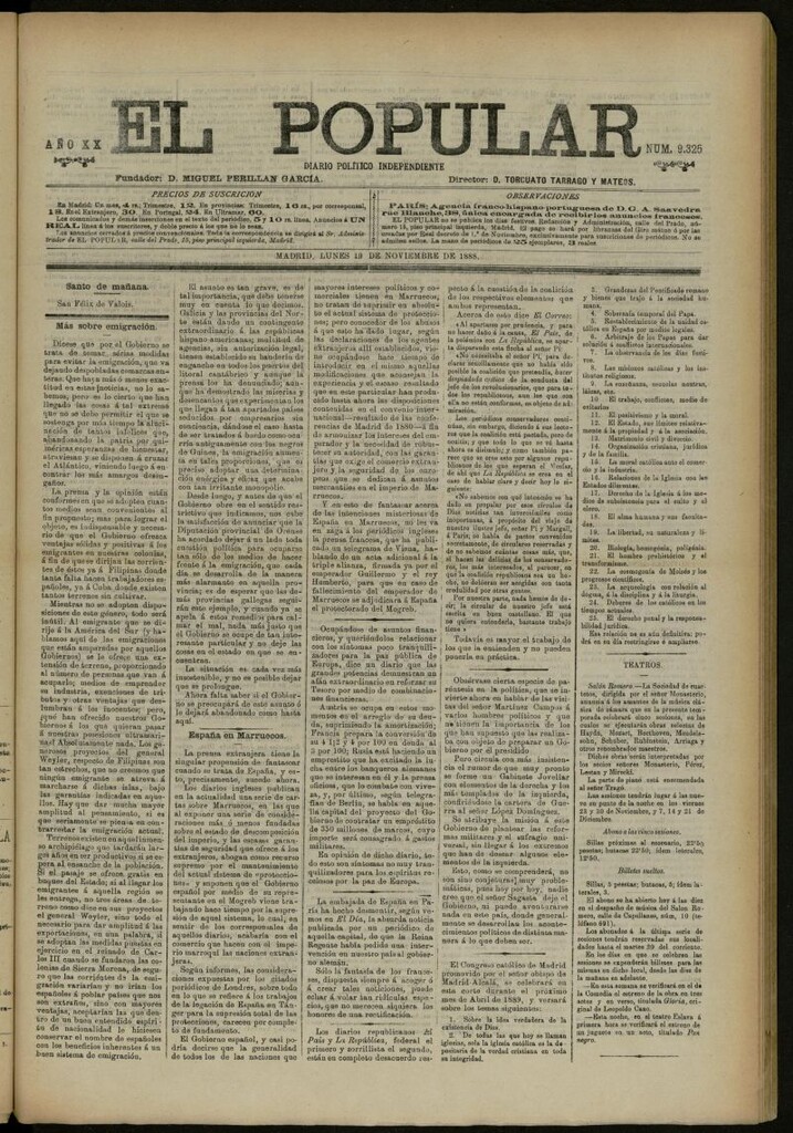 Miniatura de El Popular: diario independiente, político, literario y de noticias de interés general del 19 de noviembre de 1888, nº 9325