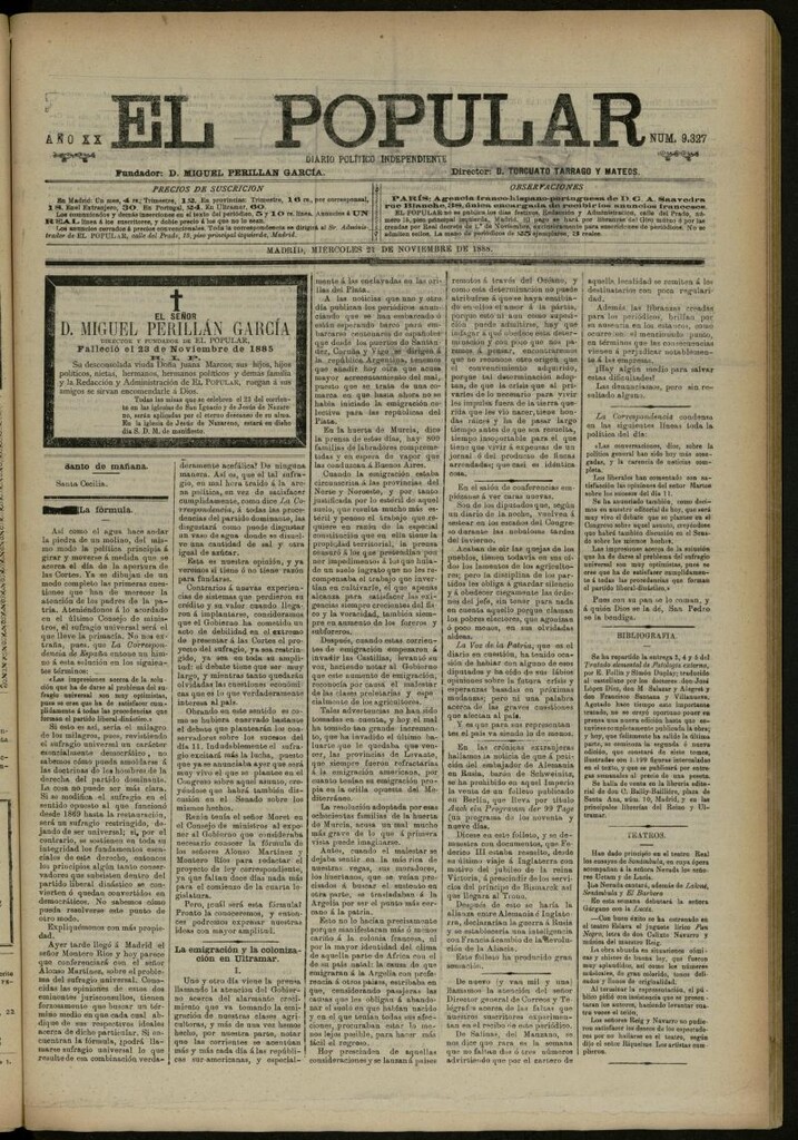 Miniatura de El Popular: diario independiente, político, literario y de noticias de interés general del 21 de noviembre de 1888, nº 9327