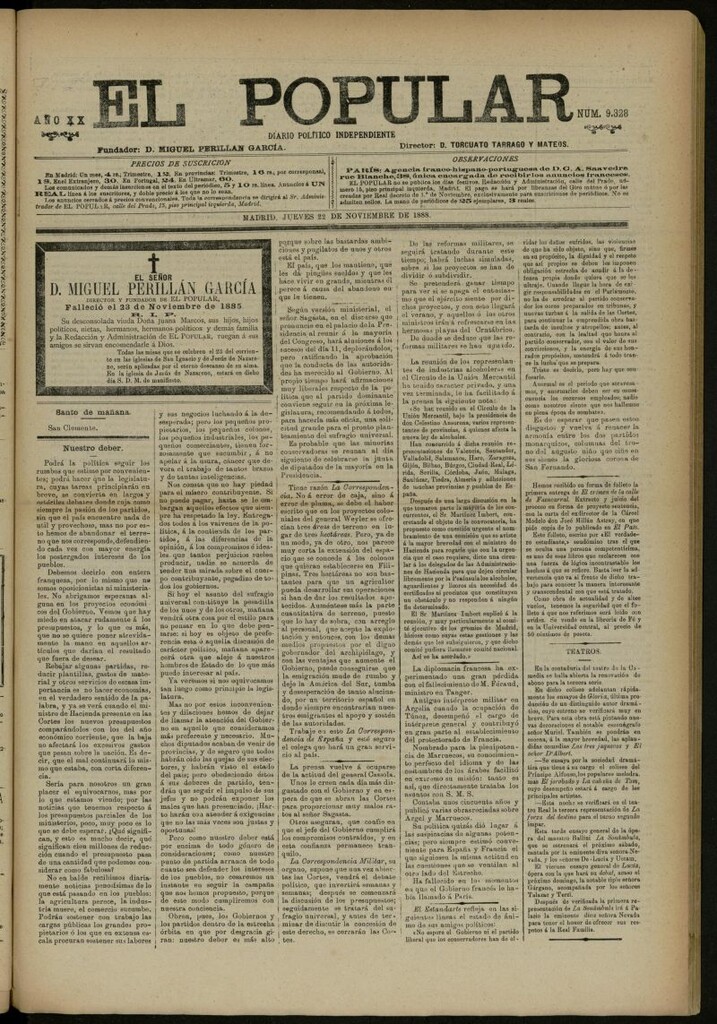 Miniatura de El Popular: diario independiente, político, literario y de noticias de interés general del 22 de noviembre de 1888, nº 9328