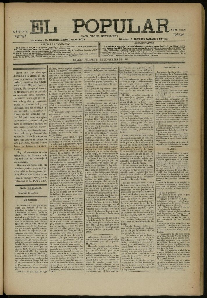 Miniatura de El Popular: diario independiente, político, literario y de noticias de interés general del 23 de noviembre de 1888, nº 9329