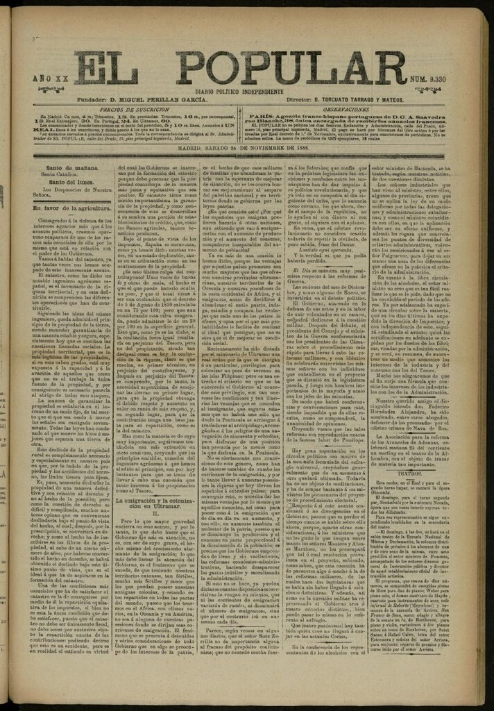 Miniatura de El Popular: diario independiente, político, literario y de noticias de interés general del 24 de noviembre de 1888, nº 9330