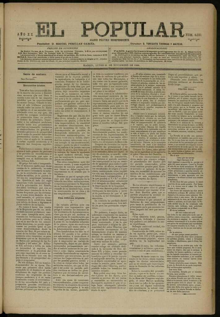 Miniatura de El Popular: diario independiente, político, literario y de noticias de interés general del 26 de noviembre de 1888, nº 9331