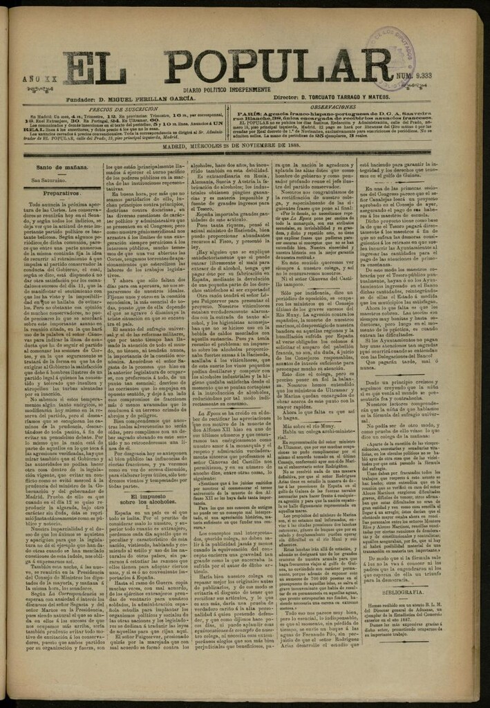 Miniatura de El Popular: diario independiente, político, literario y de noticias de interés general del 28 de noviembre de 1888, nº 9333