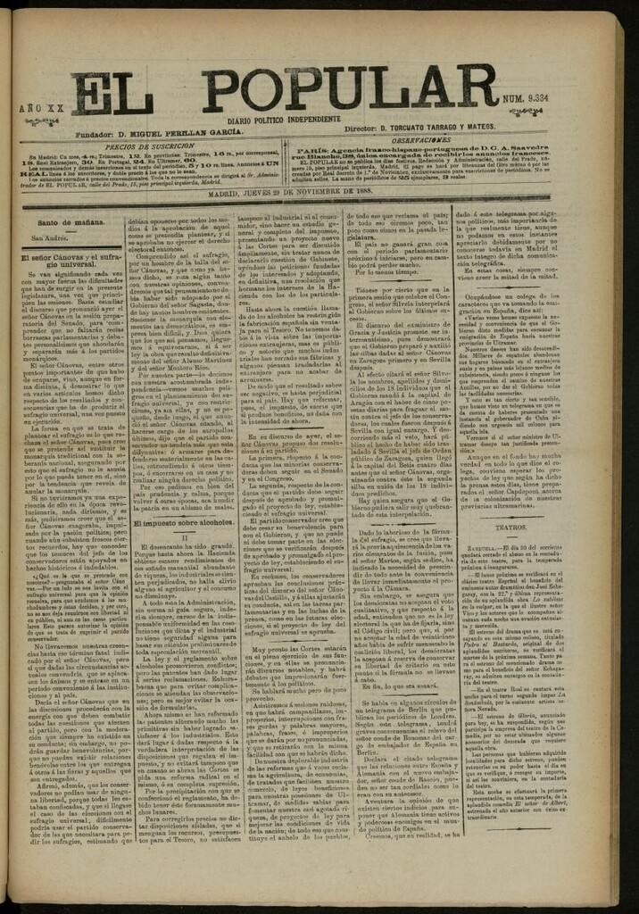 Miniatura de El Popular: diario independiente, político, literario y de noticias de interés general del 29 de noviembre de 1888, nº 9334