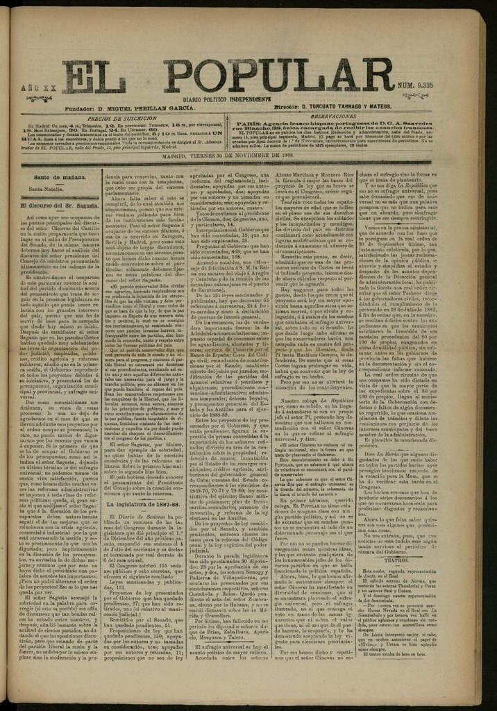 Miniatura de El Popular: diario independiente, político, literario y de noticias de interés general del 30 de noviembre de 1888, nº 9335
