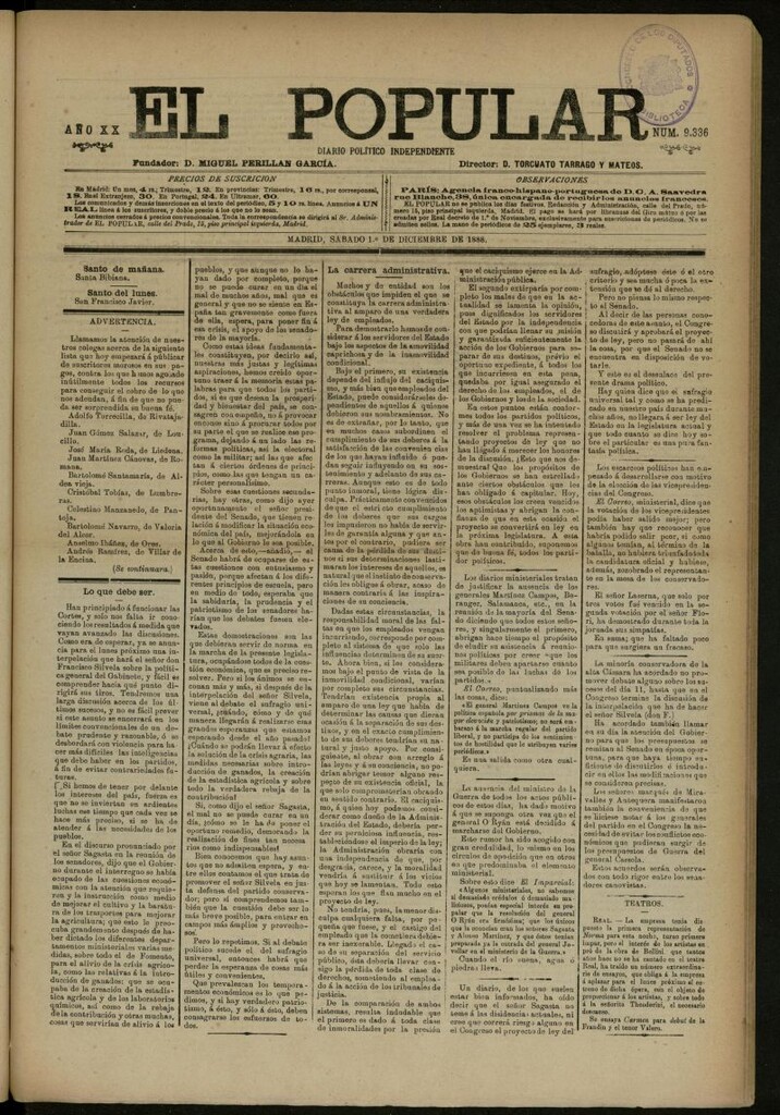 Miniatura de El Popular: diario independiente, político, literario y de noticias de interés general del 1 de diciembre de 1888, nº 9336