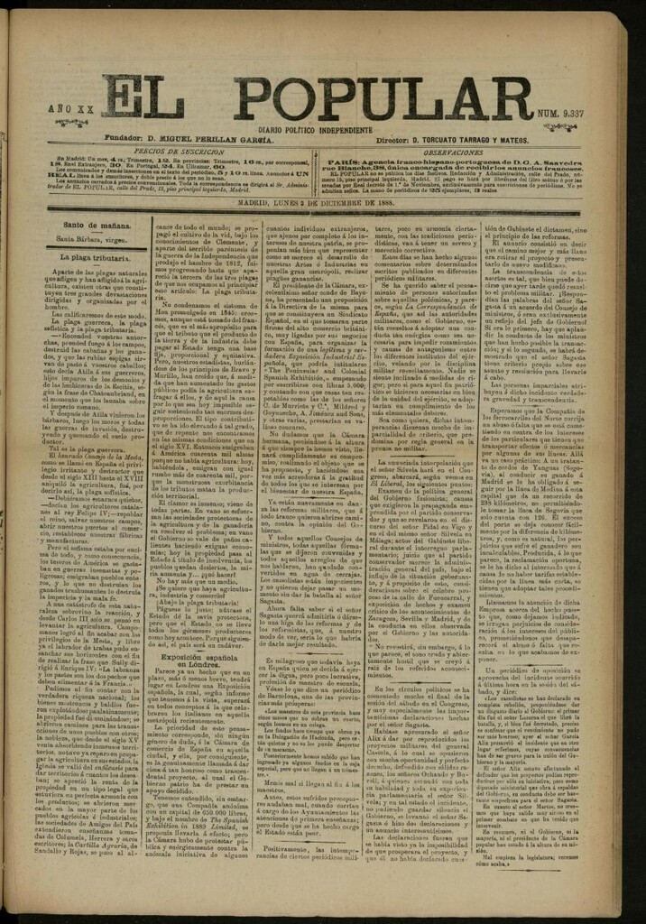 Miniatura de El Popular: diario independiente, político, literario y de noticias de interés general del 3 de diciembre de 1888, nº 9337