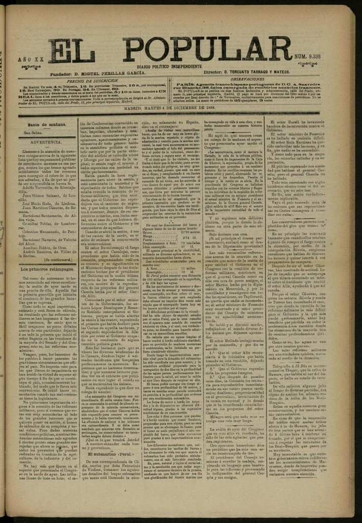Miniatura de El Popular: diario independiente, político, literario y de noticias de interés general del 4 de diciembre de 1888, nº 9338