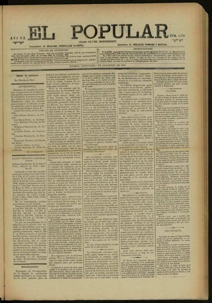 Miniatura de El Popular: diario independiente, político, literario y de noticias de interés general del 5 de diciembre de 1888, nº 9339