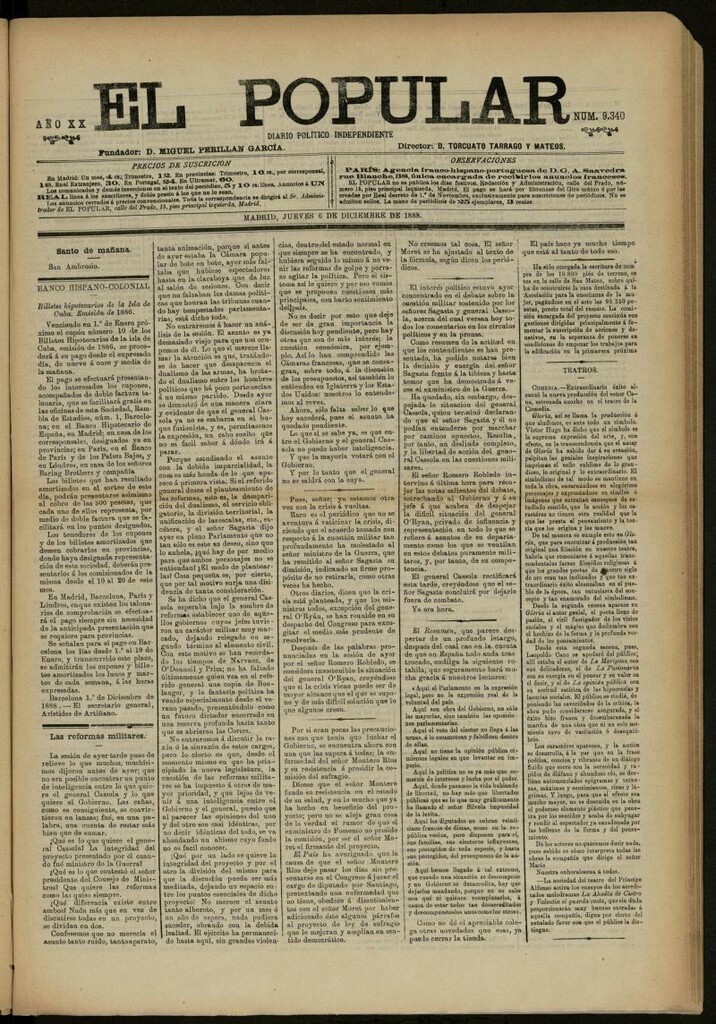 Miniatura de El Popular: diario independiente, político, literario y de noticias de interés general del 6 de diciembre de 1888, nº 9340