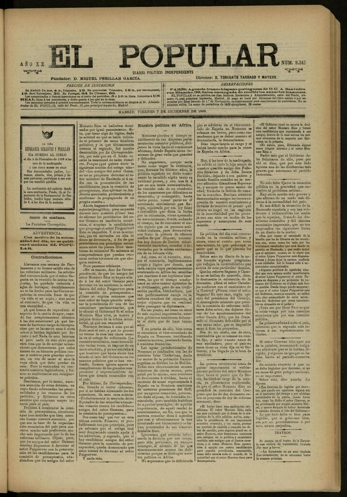 Miniatura de El Popular: diario independiente, político, literario y de noticias de interés general del 7 de diciembre de 1888, nº 9341