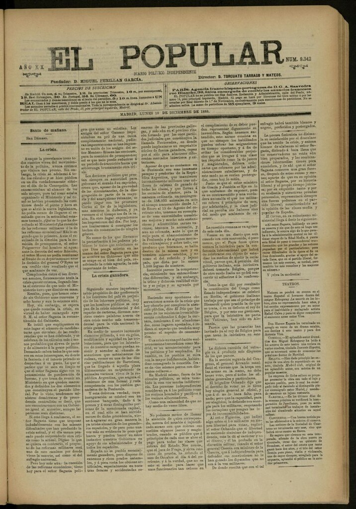 Miniatura de El Popular: diario independiente, político, literario y de noticias de interés general del 10 de diciembre de 1888, nº 9342