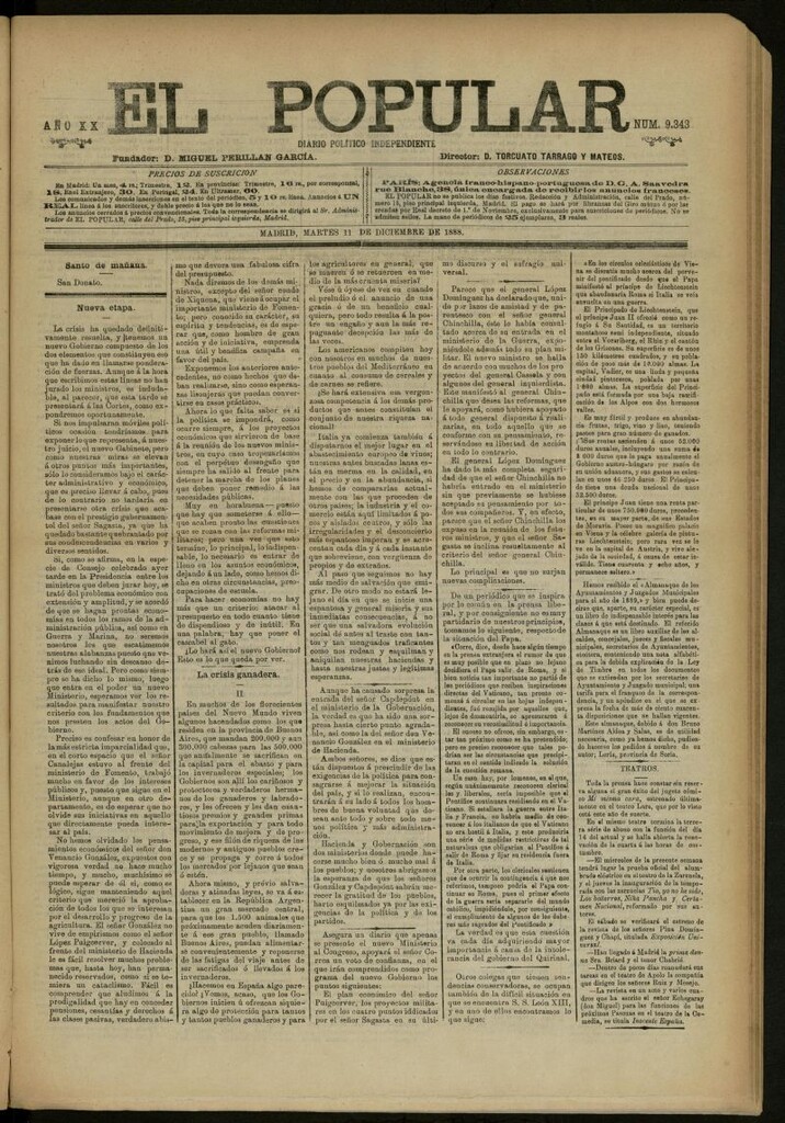 Miniatura de El Popular: diario independiente, político, literario y de noticias de interés general del 11 de diciembre de 1888, nº 9343