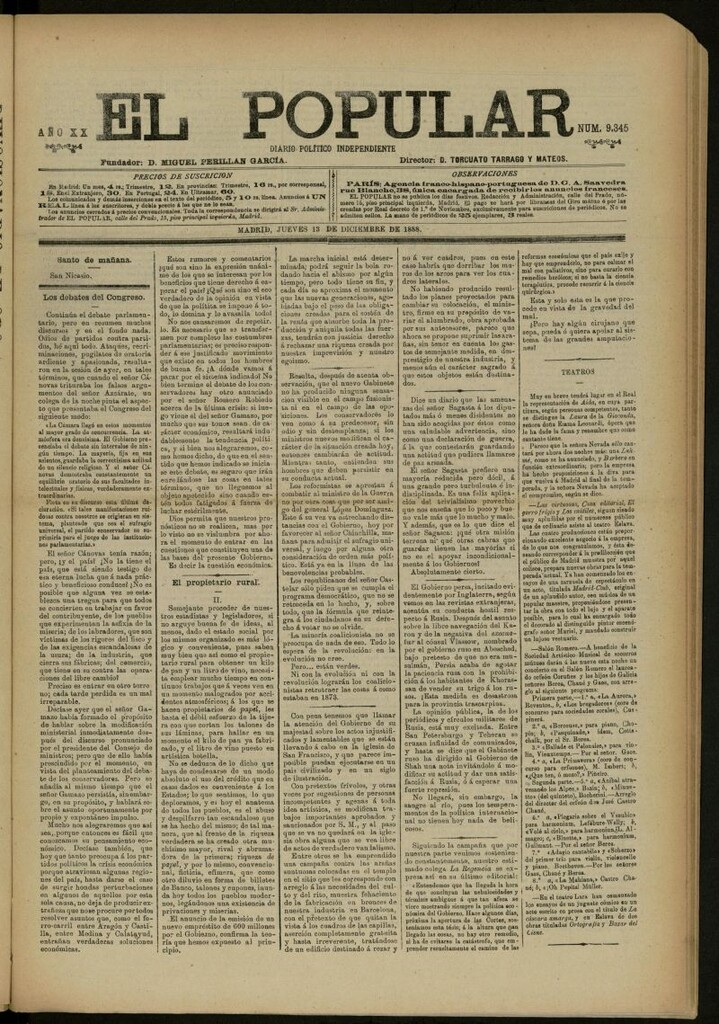 Miniatura de El Popular: diario independiente, político, literario y de noticias de interés general del 13 de diciembre de 1888, nº 9345