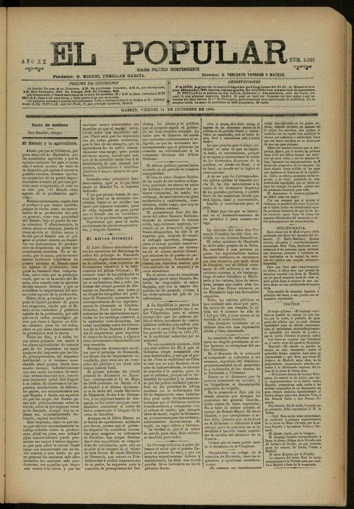 Miniatura de El Popular: diario independiente, político, literario y de noticias de interés general del 14 de diciembre de 1888, nº 9346