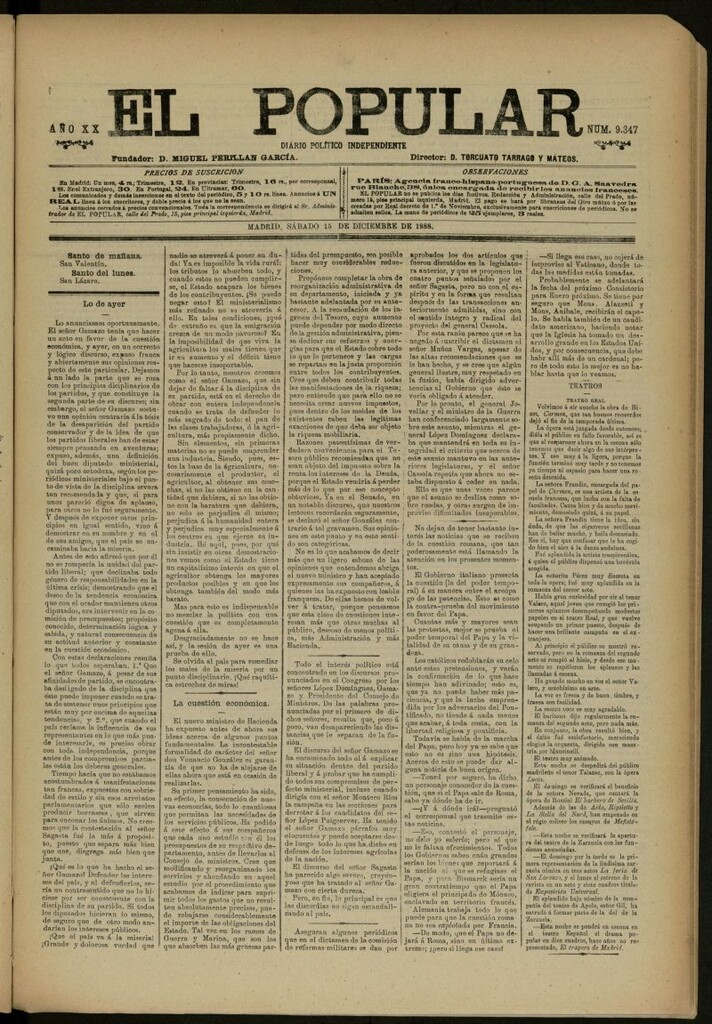 Miniatura de El Popular: diario independiente, político, literario y de noticias de interés general del 15 de diciembre de 1888, nº 9347