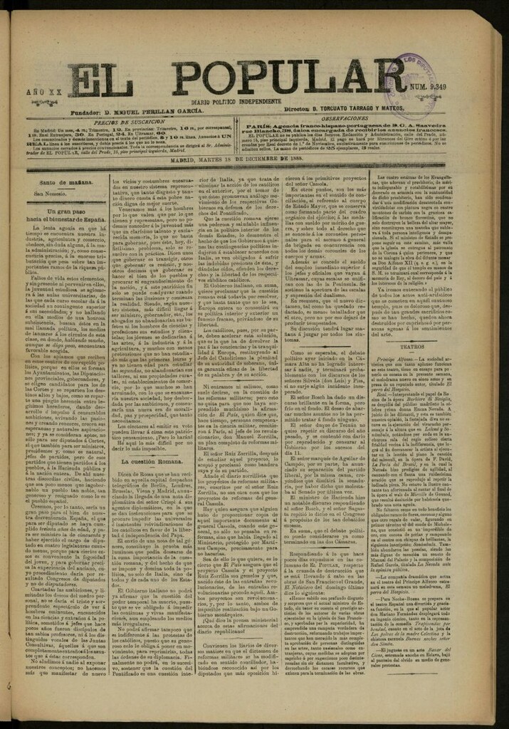 Miniatura de El Popular: diario independiente, político, literario y de noticias de interés general del 18 de diciembre de 1888, nº 9349