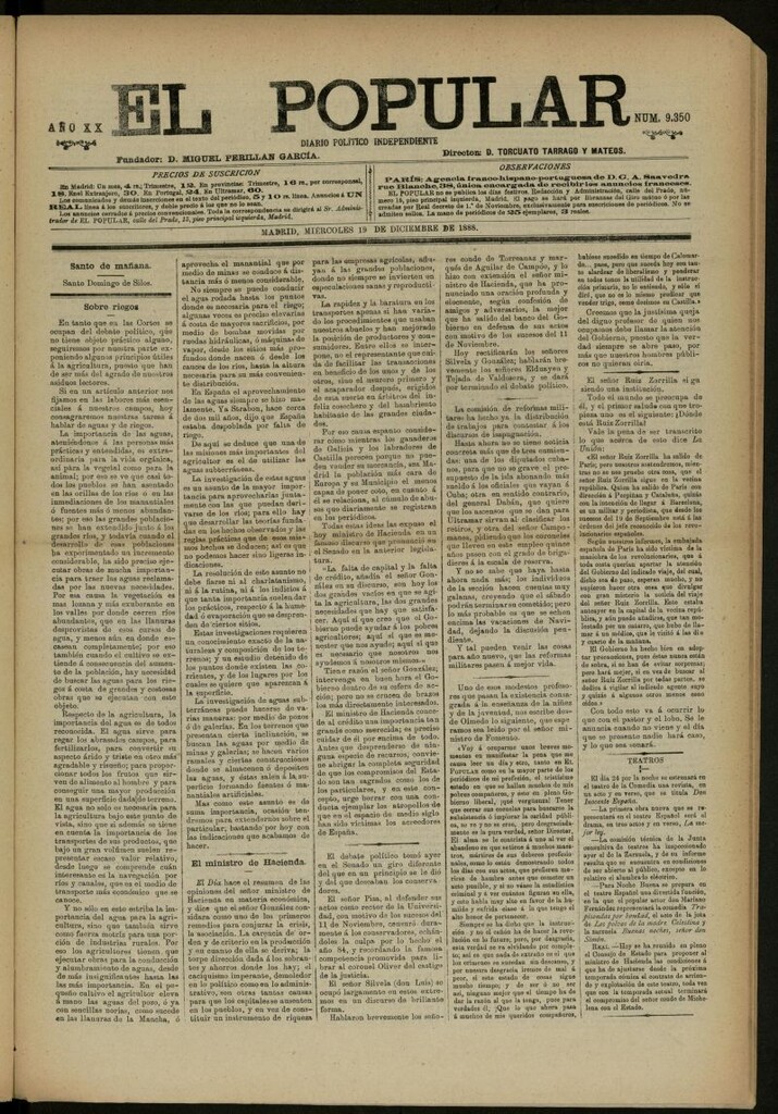 Miniatura de El Popular: diario independiente, político, literario y de noticias de interés general del 19 de diciembre de 1888, nº 9350