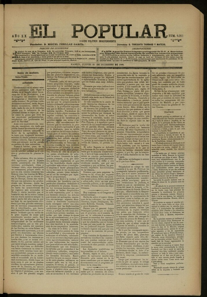 Miniatura de El Popular: diario independiente, político, literario y de noticias de interés general del 20 de diciembre de 1888, nº 9351