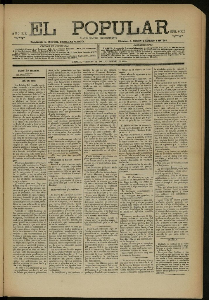 Miniatura de El Popular: diario independiente, político, literario y de noticias de interés general del 21 de diciembre de 1888, nº 9352