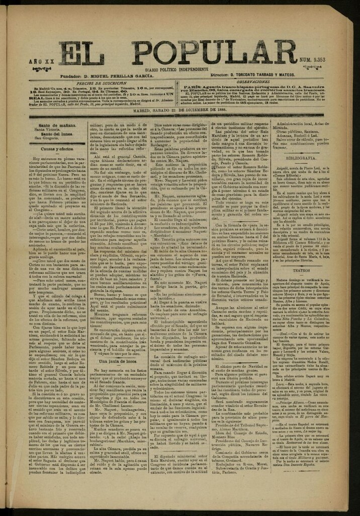 Miniatura de El Popular: diario independiente, político, literario y de noticias de interés general del 22 de diciembre de 1888, nº 9353