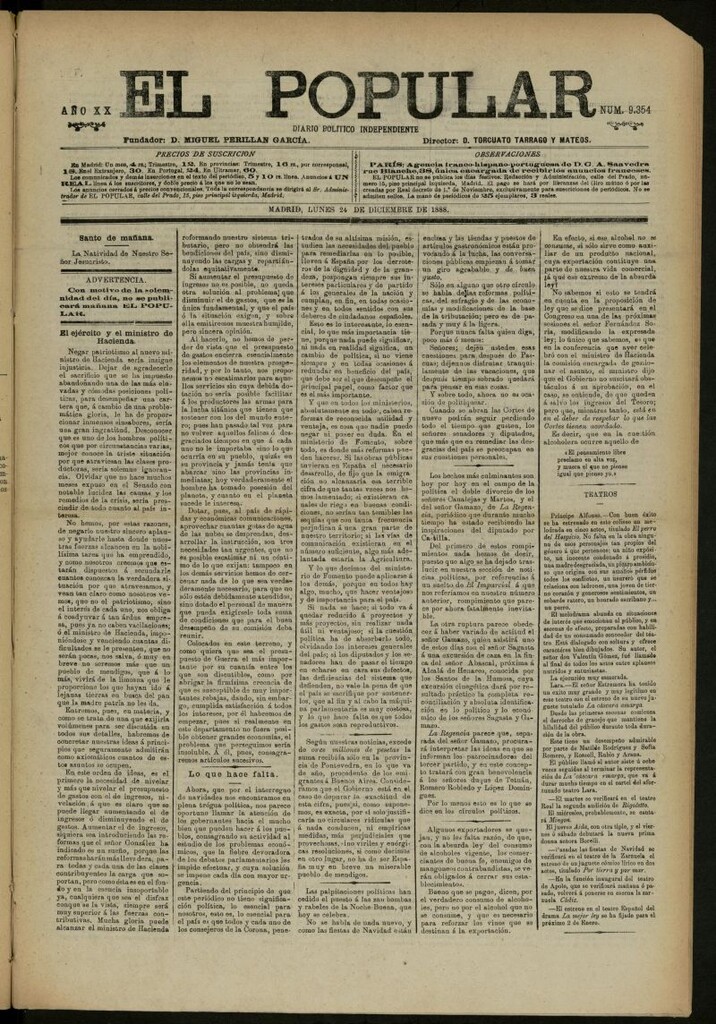 Miniatura de El Popular: diario independiente, político, literario y de noticias de interés general del 24 de diciembre de 1888, nº 9354
