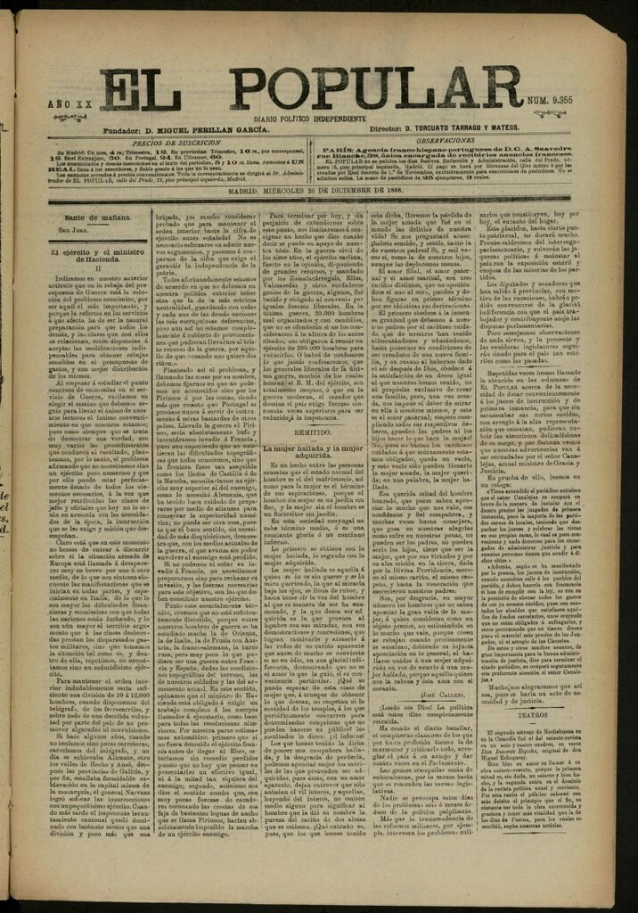 Miniatura de El Popular: diario independiente, político, literario y de noticias de interés general del 26 de diciembre de 1888, nº 9355