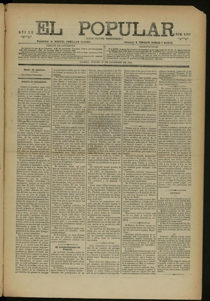 Miniatura de El Popular: diario independiente, político, literario y de noticias de interés general del 27 de diciembre de 1888, nº 9356