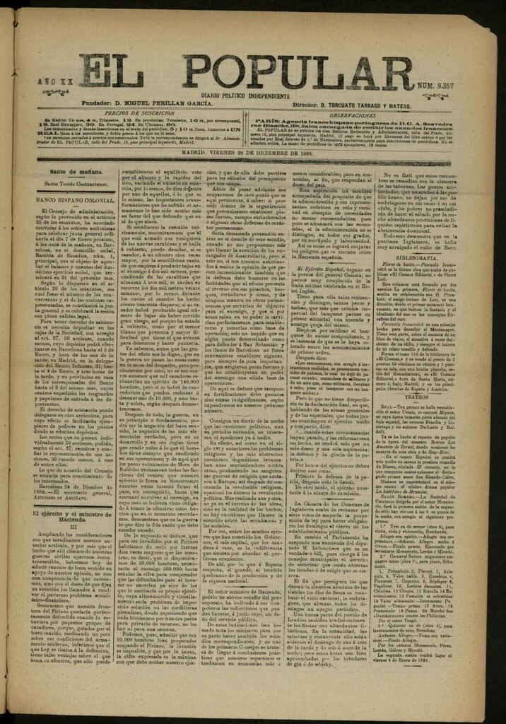 Miniatura de El Popular: diario independiente, político, literario y de noticias de interés general del 28 de diciembre de 1888, nº 9357