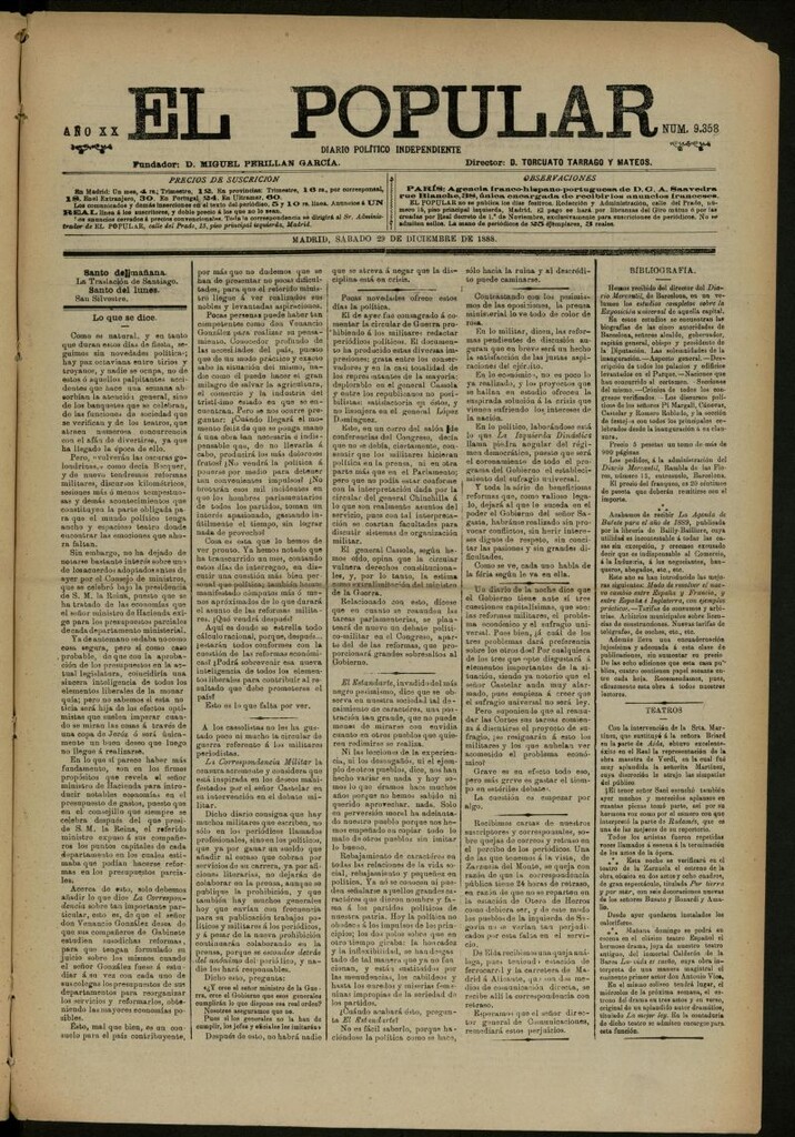 Miniatura de El Popular: diario independiente, político, literario y de noticias de interés general del 29 de diciembre de 1888, nº 9358