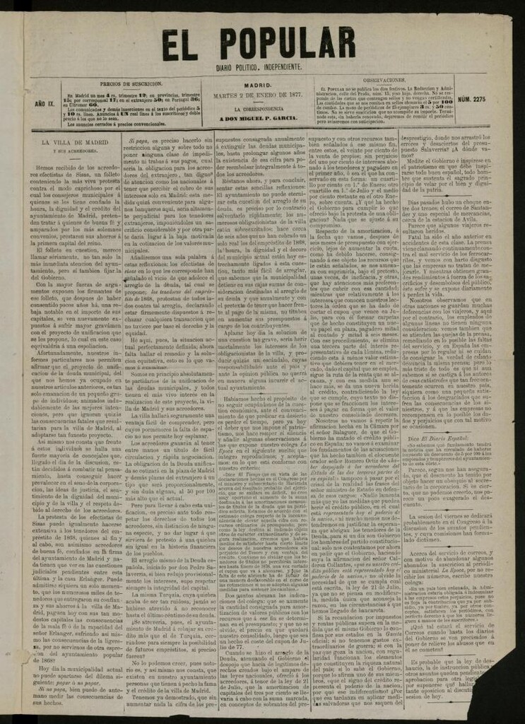 Miniatura de El Popular: diario independiente, político, literario y de noticias de interés general del 2 de enero de 1877, nº 2275