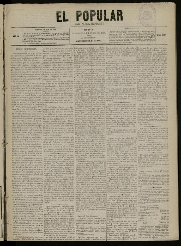 Miniatura de El Popular: diario independiente, político, literario y de noticias de interés general del 3 de enero de 1877, nº 2276