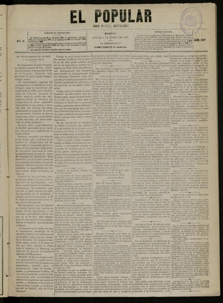 Miniatura de El Popular: diario independiente, político, literario y de noticias de interés general del 4 de enero de 1877, nº 2277