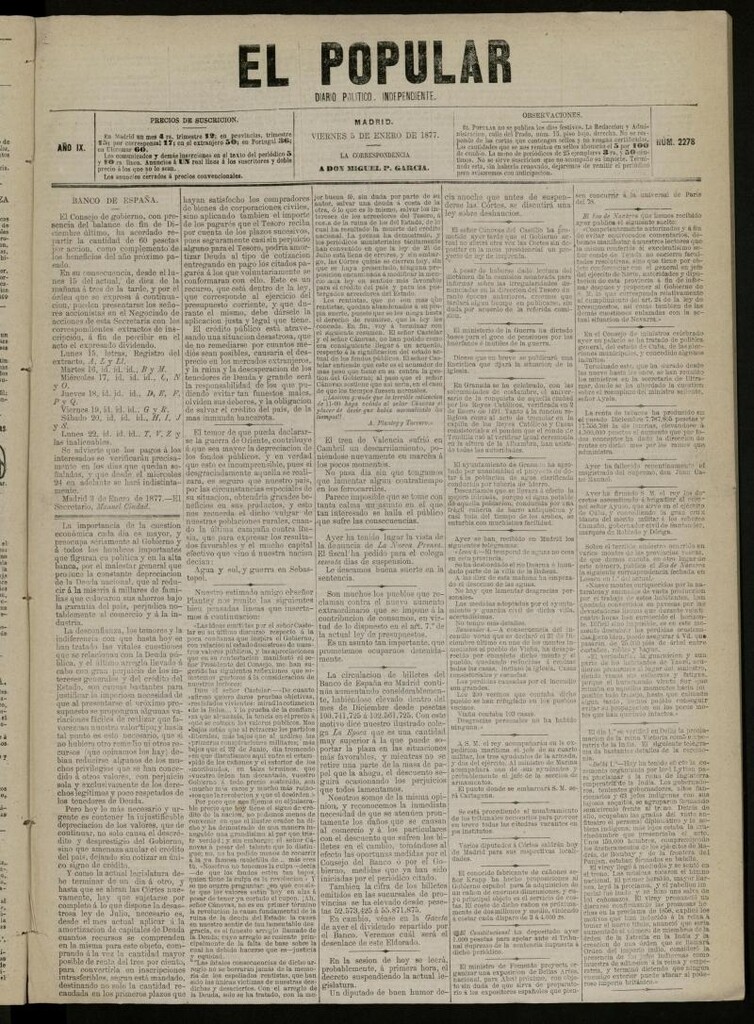 Miniatura de El Popular: diario independiente, político, literario y de noticias de interés general del 5 de enero de 1877, nº 2278