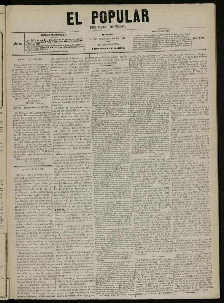 Miniatura de El Popular: diario independiente, político, literario y de noticias de interés general del 8 de enero de 1877, nº 2279