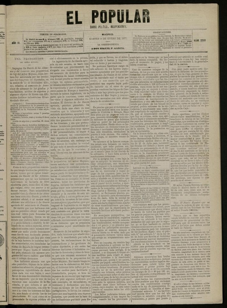 Miniatura de El Popular: diario independiente, político, literario y de noticias de interés general del 9 de enero de 1877, nº 2280