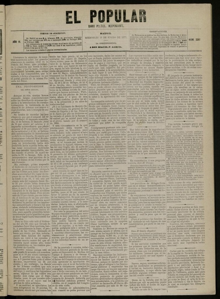 Miniatura de El Popular: diario independiente, político, literario y de noticias de interés general del 10 de enero de 1877, nº 2281