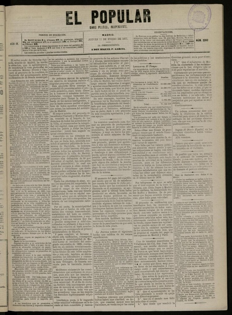 Miniatura de El Popular: diario independiente, político, literario y de noticias de interés general del 11 de enero de 1877, nº 2282