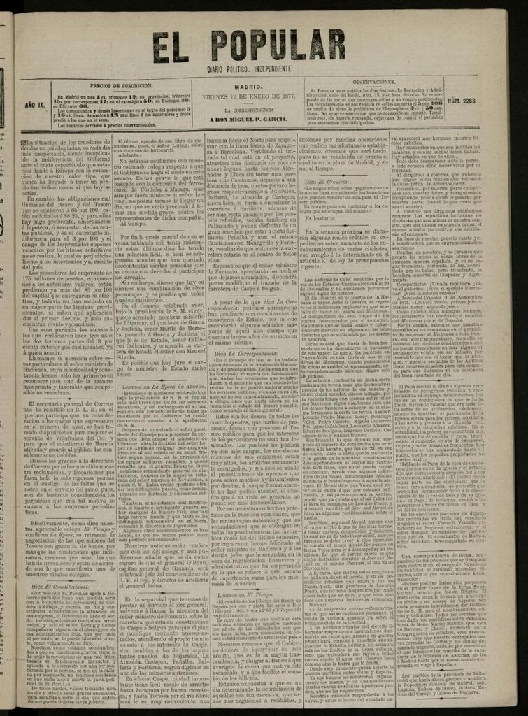 Miniatura de El Popular: diario independiente, político, literario y de noticias de interés general del 12 de enero de 1877, nº 2283