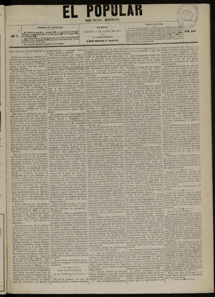 Miniatura de El Popular: diario independiente, político, literario y de noticias de interés general del 13 de enero de 1877, nº 2284