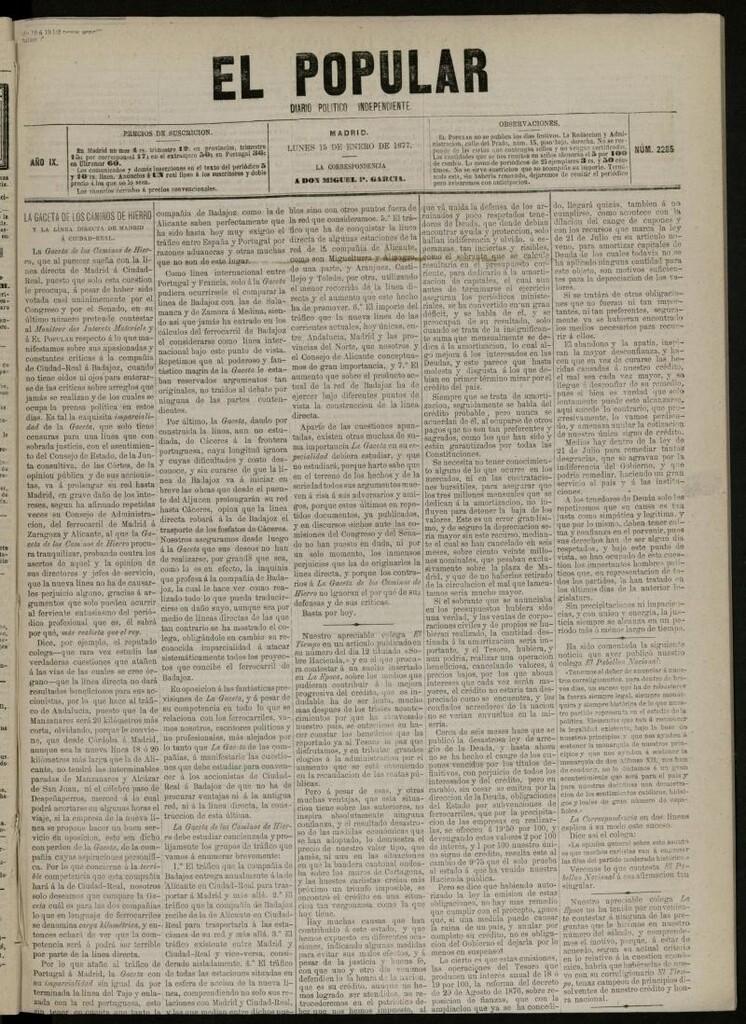 Miniatura de El Popular: diario independiente, político, literario y de noticias de interés general del 15 de enero de 1877, nº 2285