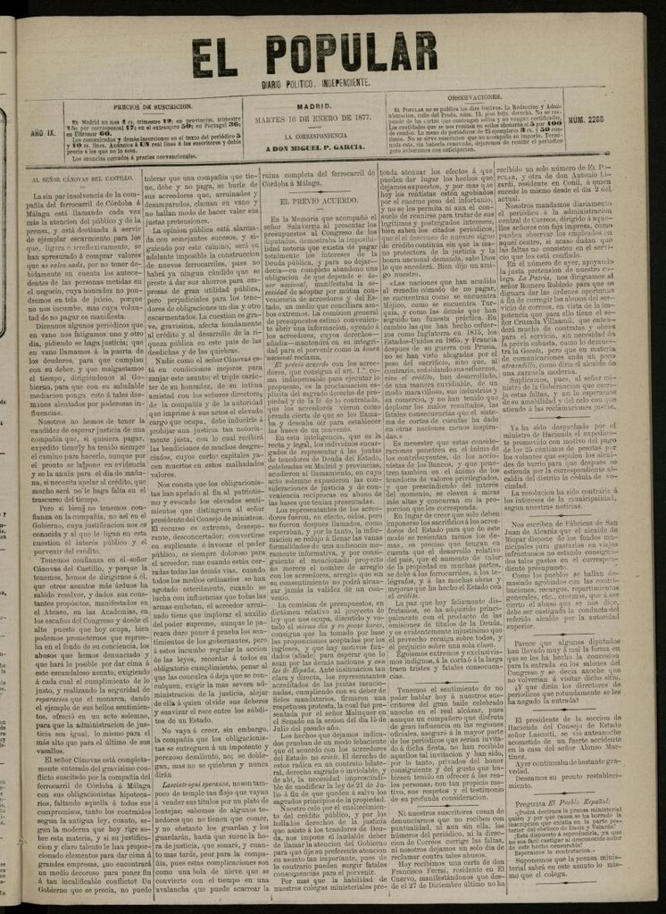 Miniatura de El Popular: diario independiente, político, literario y de noticias de interés general del 16 de enero de 1877, nº 2286