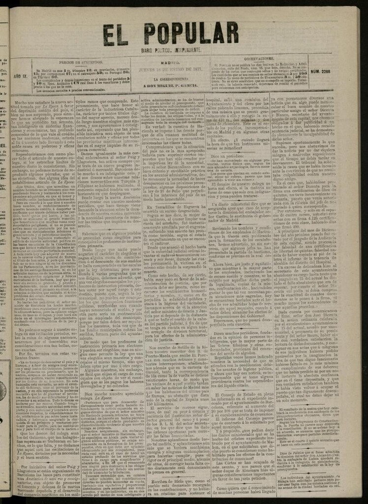 Miniatura de El Popular: diario independiente, político, literario y de noticias de interés general del 18 de enero de 1877, nº 2288
